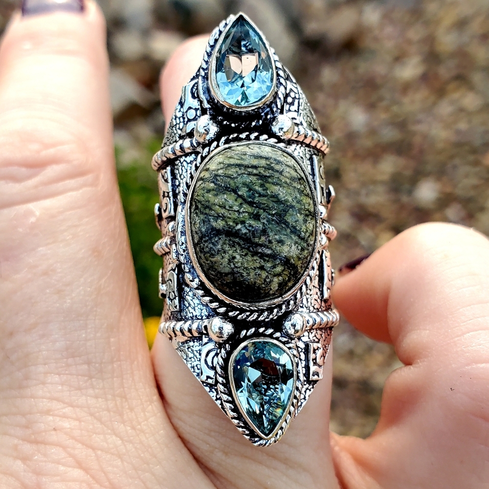 New Lizard Skin Jasper and Blue Topaz Silver Statement Ring.